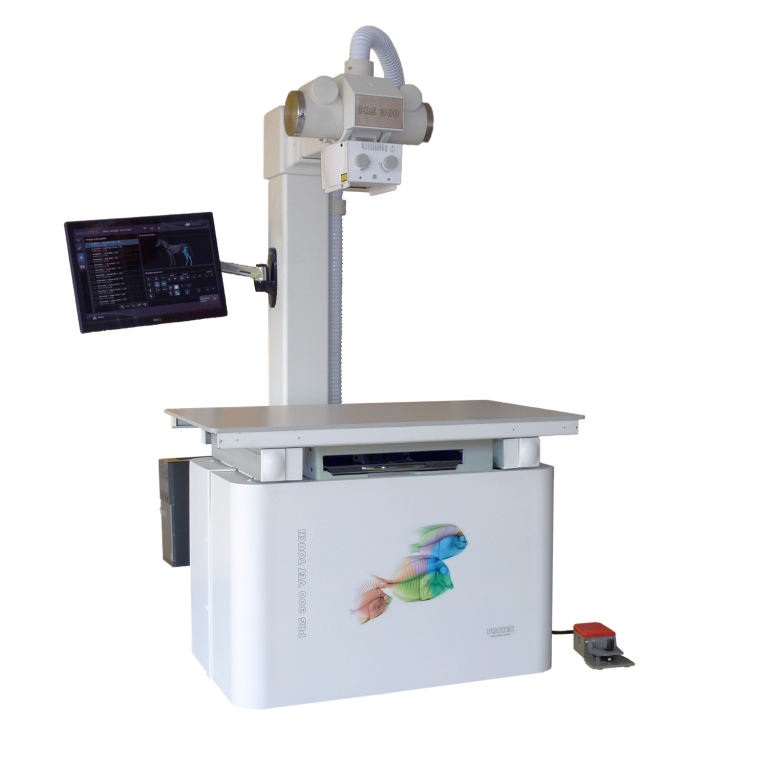 Veterinär röntgengerät Röntgengerät mit Monitor und Fußschalter zur Veterinäruntersuchung.